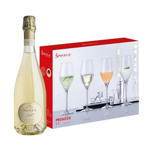 Zonin Prosecco DOC Special Cuvee Millesimato 75cl With A Set Of 4 Spiegelau Prosecco Glasses
